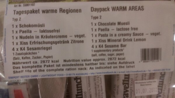 Travellunch Tagespaket warme Regionen Typ 2